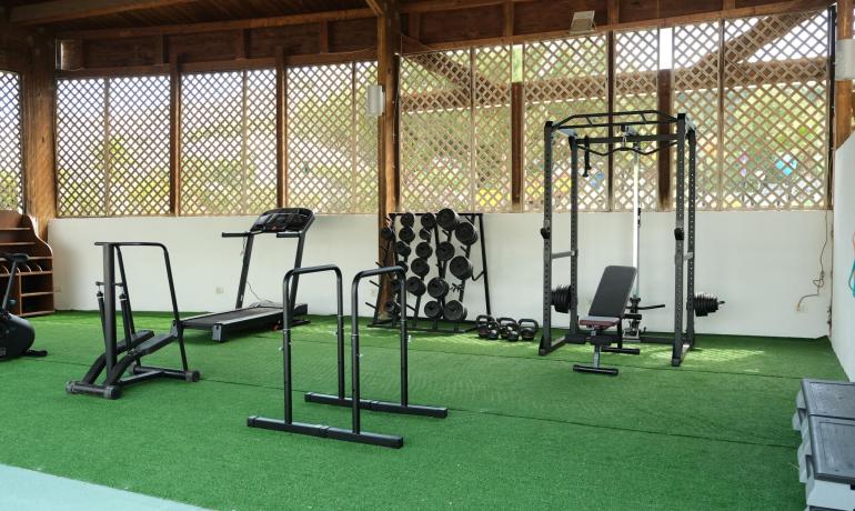 Palestra all'aperto con attrezzi su prato sintetico.